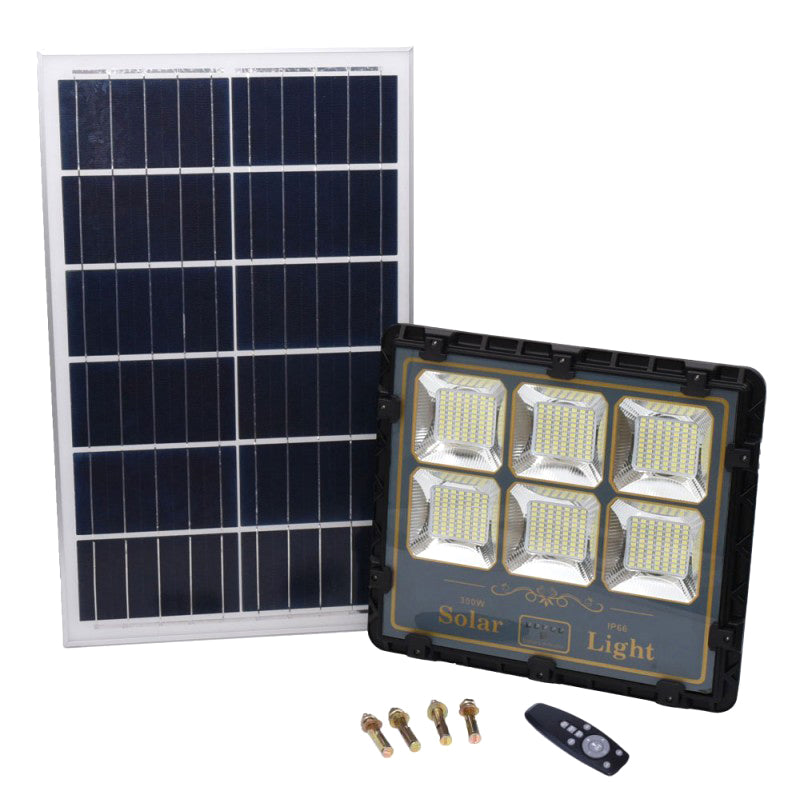 Proiector LED solar 300W IP66 cu panou fotovoltaic monocristalin, acumulatori LifePO4 si telecomanda, kit complet exterior