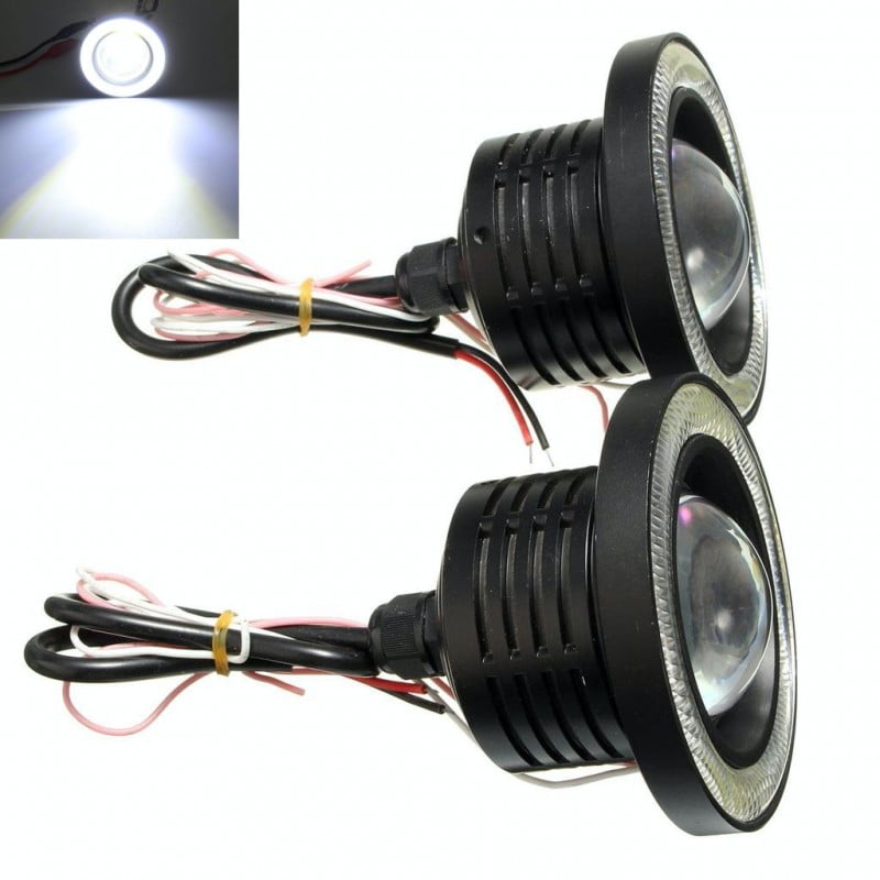 Proiectoare LED angel eyes 89mm, vedere laterala cu radiator aluminiu si cablu conexiune 12V