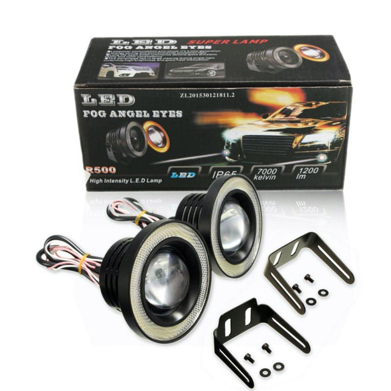 Set proiectoare LED auto universale 89mm, 10W, 1200lm, IP65, angel eyes, cu suporti montaj si cutie