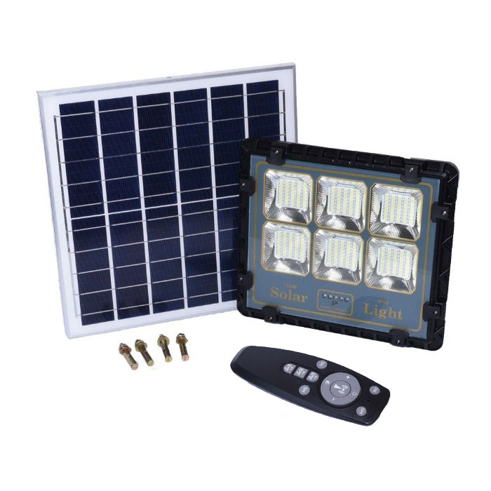 Proiector LED solar 150W IP66 cu panou fotovoltaic monocristalin, telecomanda RF si accesorii montaj incluse