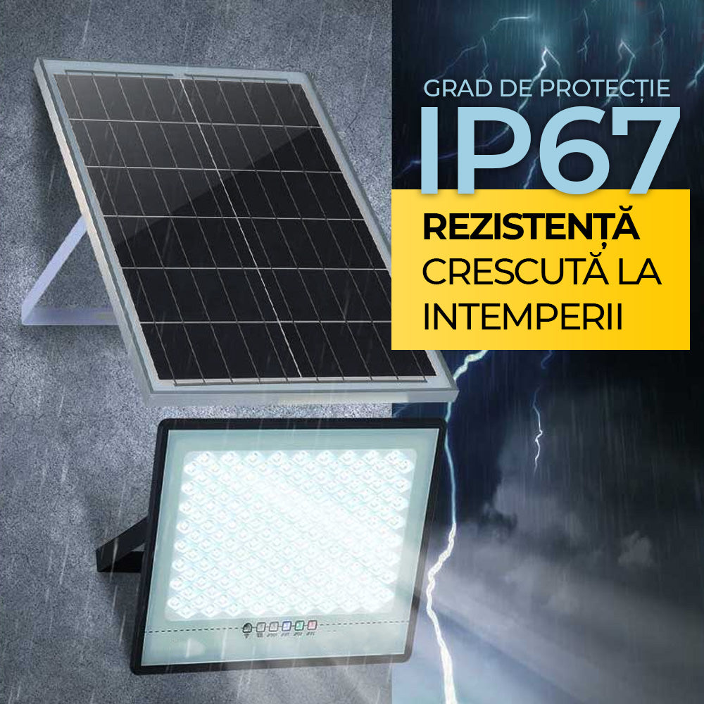Kit proiector solar LED 200W cu protectie IP67, rezistent la ploaie si fulgere, panou si corp proiector