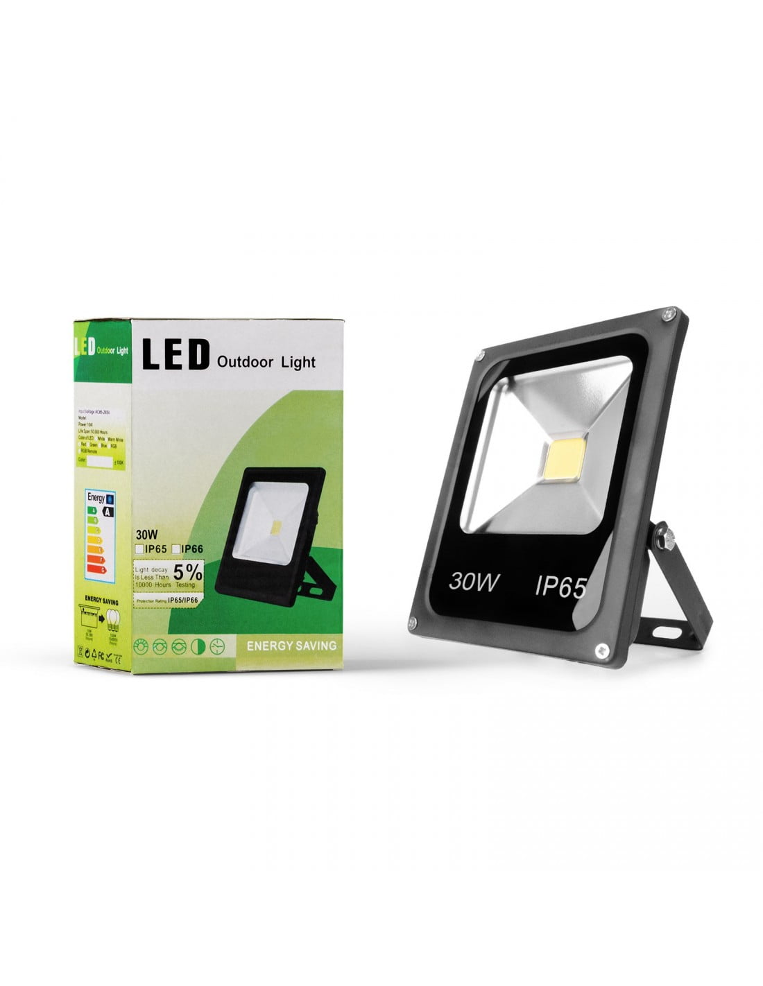 Proiector LED slim 30W IP65 alaturi de cutia de ambalaj, vedere frontala