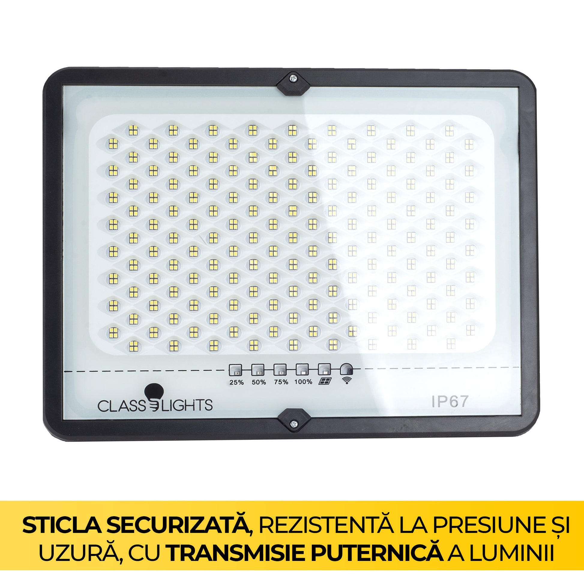 Proiector solar LED 100W vazut frontal, geam securizat cu transmisie ridicata a luminii