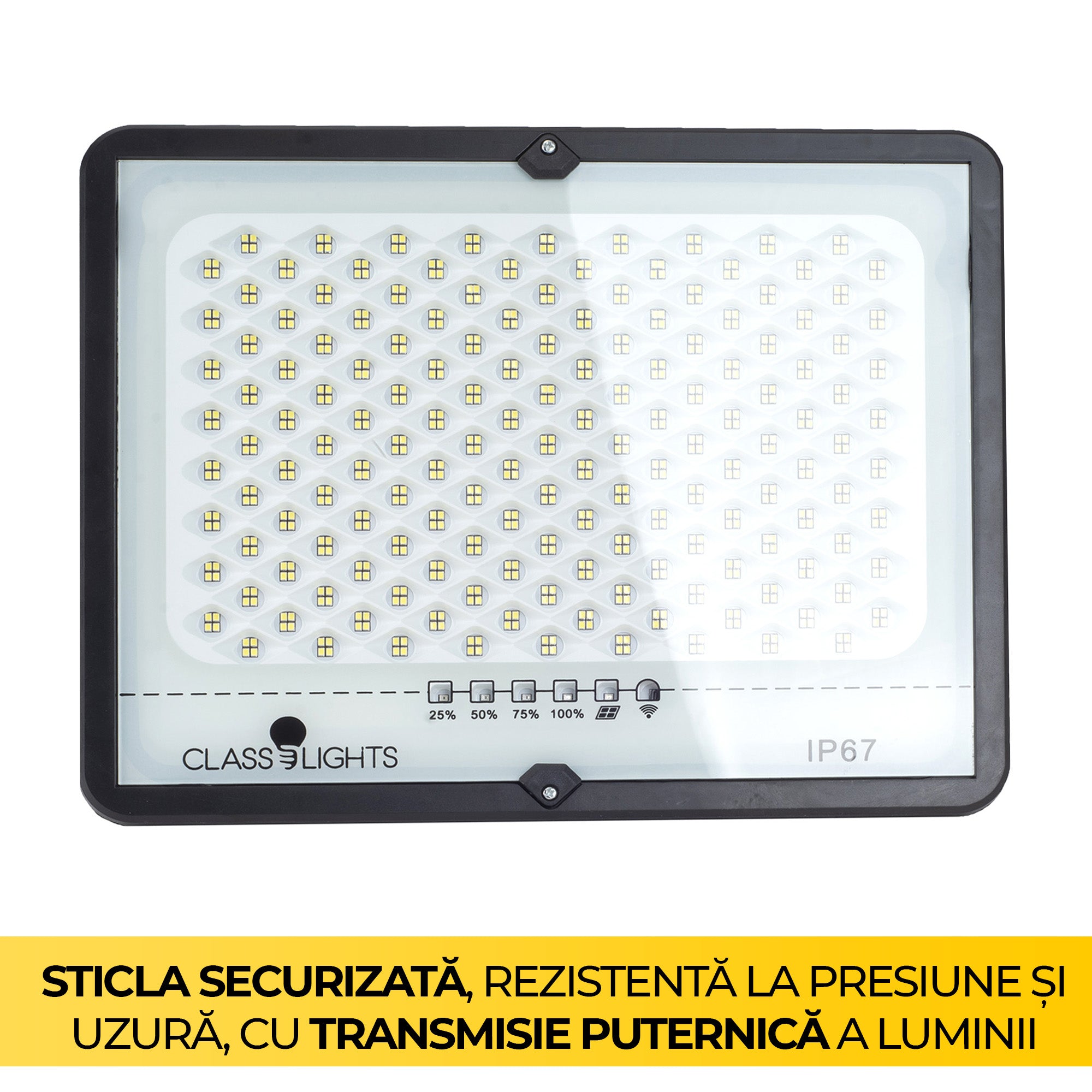 Proiector solar LED 100W vazut frontal, geam securizat cu transmisie ridicata a luminii