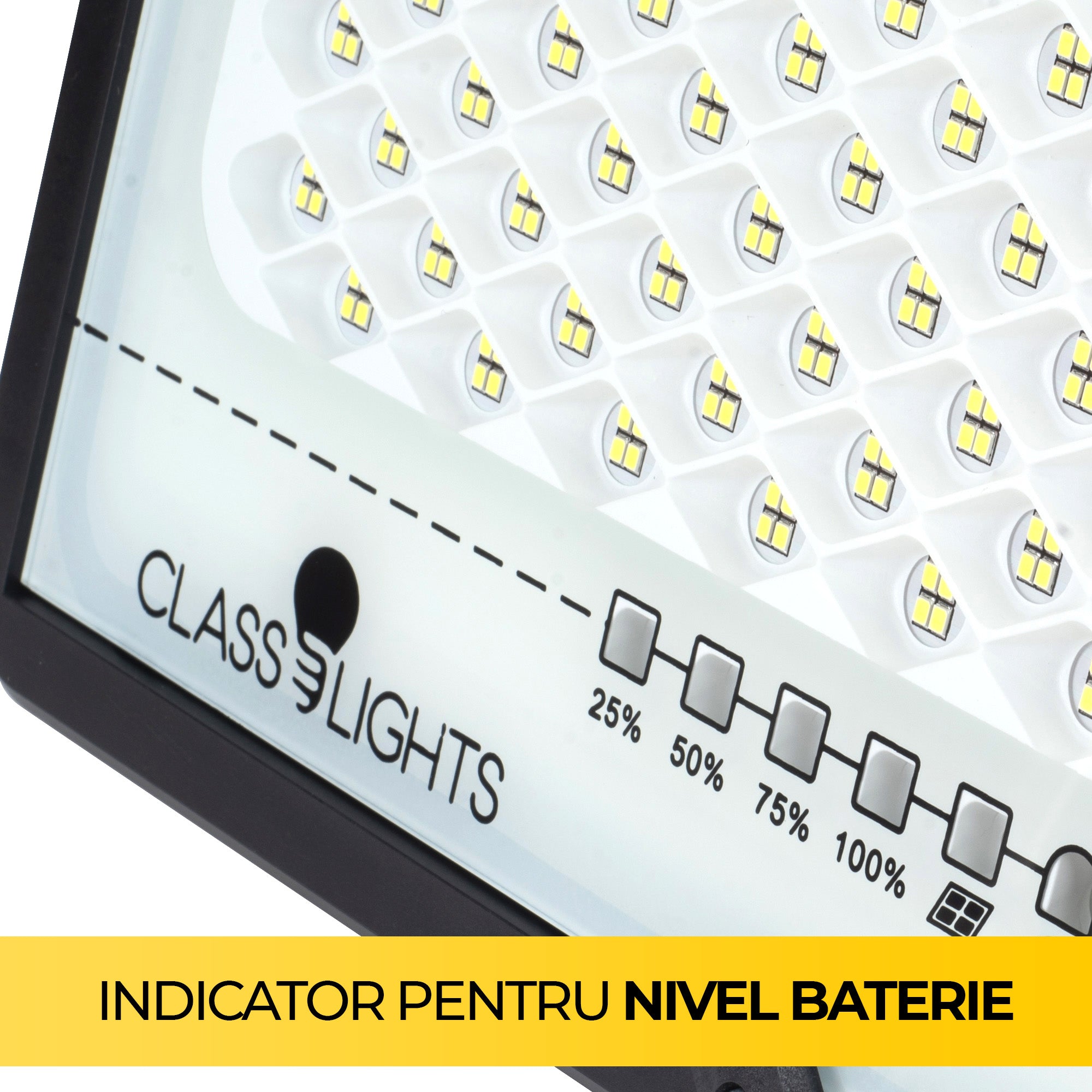 Detaliu indicator nivel baterie 25-100% si chipuri LED SMD pe proiector solar exterior