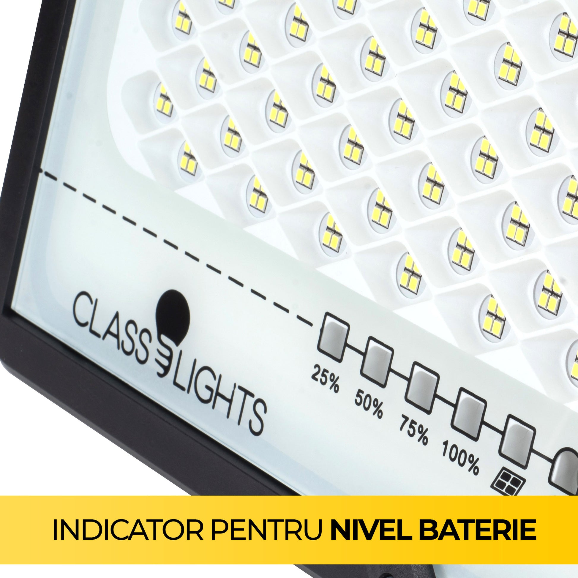 Detaliu chip-uri LED si indicator nivel baterie 25-100% pe proiector solar 300W IP67