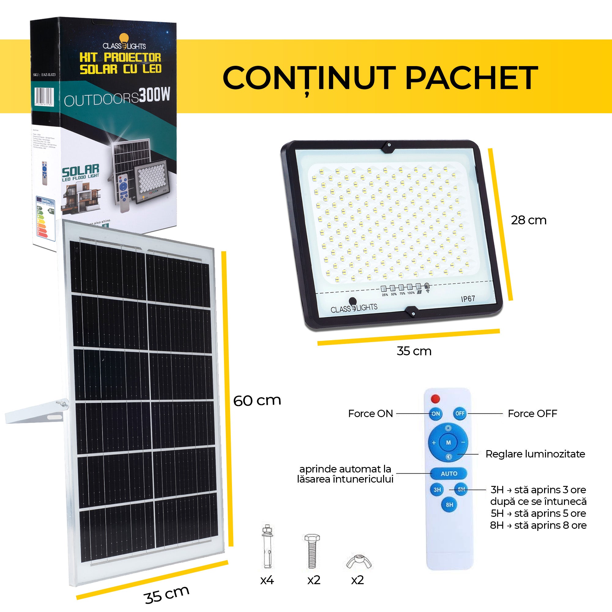 Continut pachet proiector solar LED 300W: proiector 35x28cm, panou solar 60x35cm, telecomanda si accesorii montaj