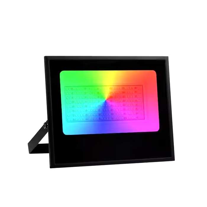 Proiector LED RGB 50W IP66 cu telecomanda, lumina multicolora, carcasa neagra din aluminiu, pentru exterior