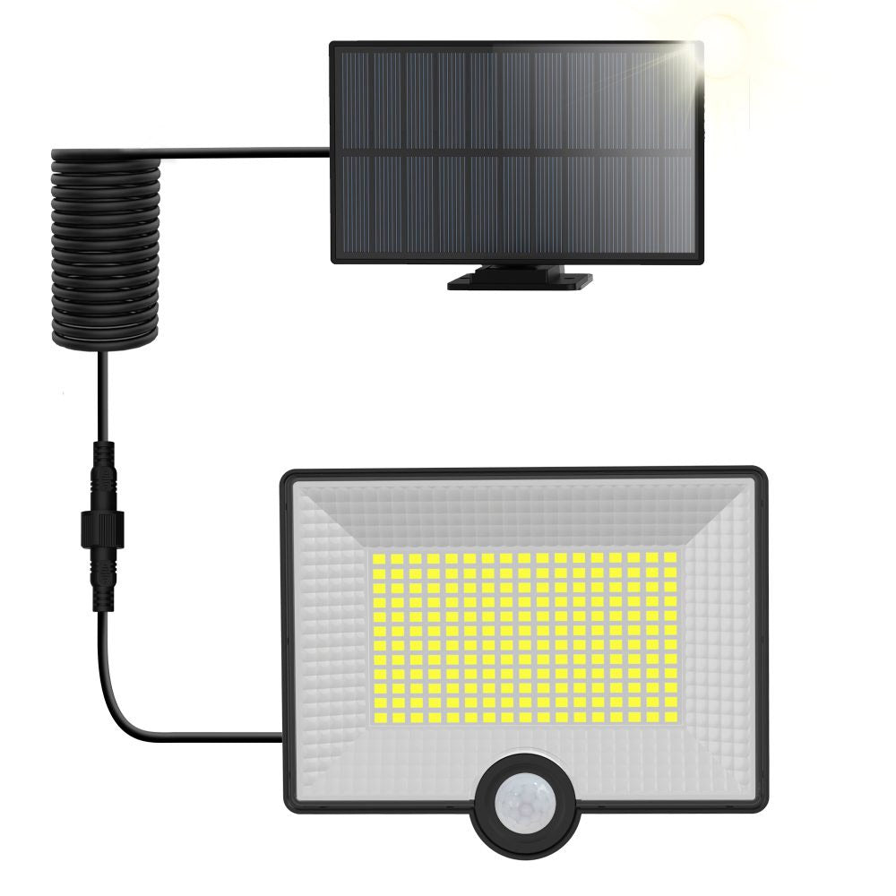 Proiector solar cu panou detasabil si cablu spiralat, senzor PIR vizibil, design compact pentru exterior