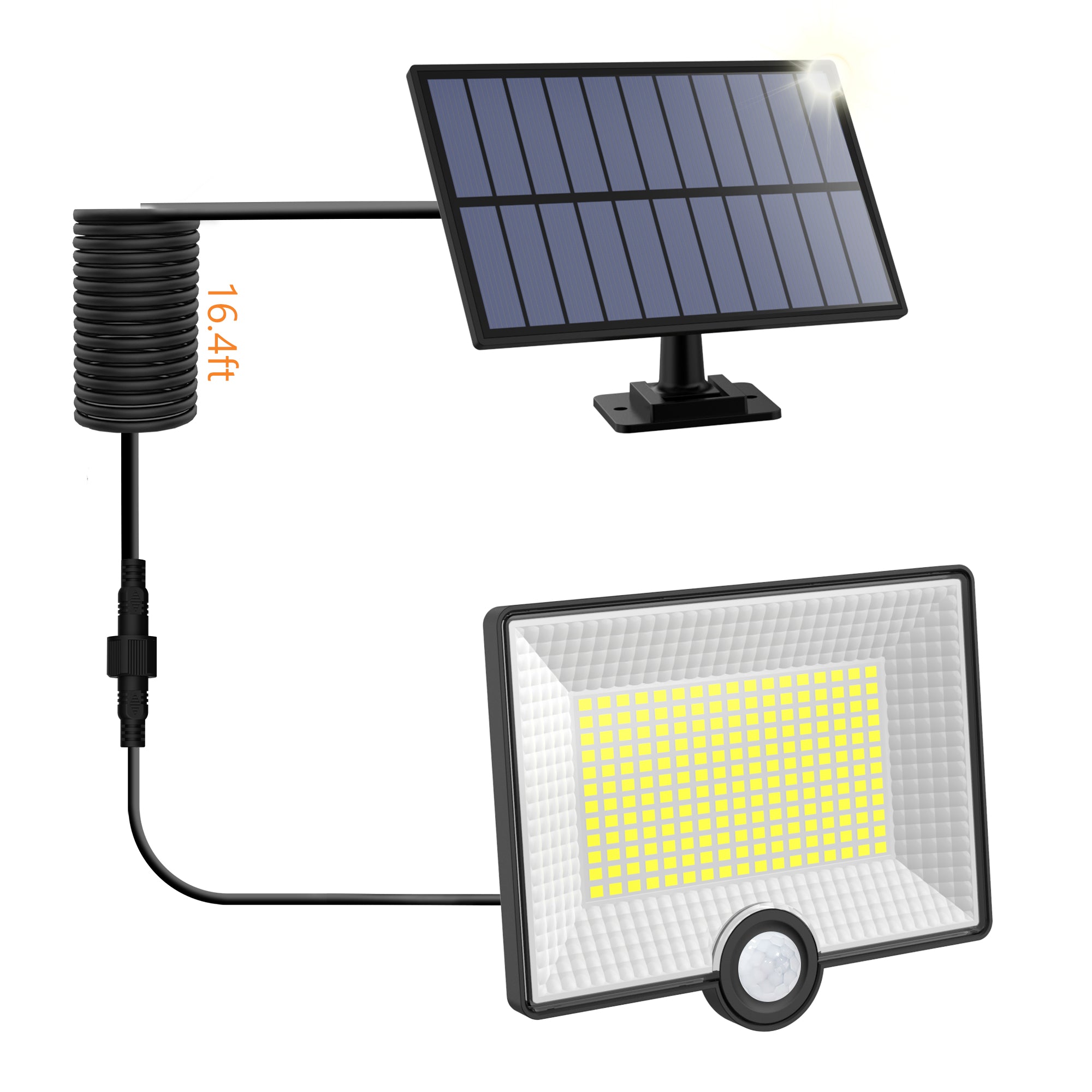 Proiector solar cu panou detasabil si cablu spiralat de 5m lungime, senzor PIR frontal, fond alb