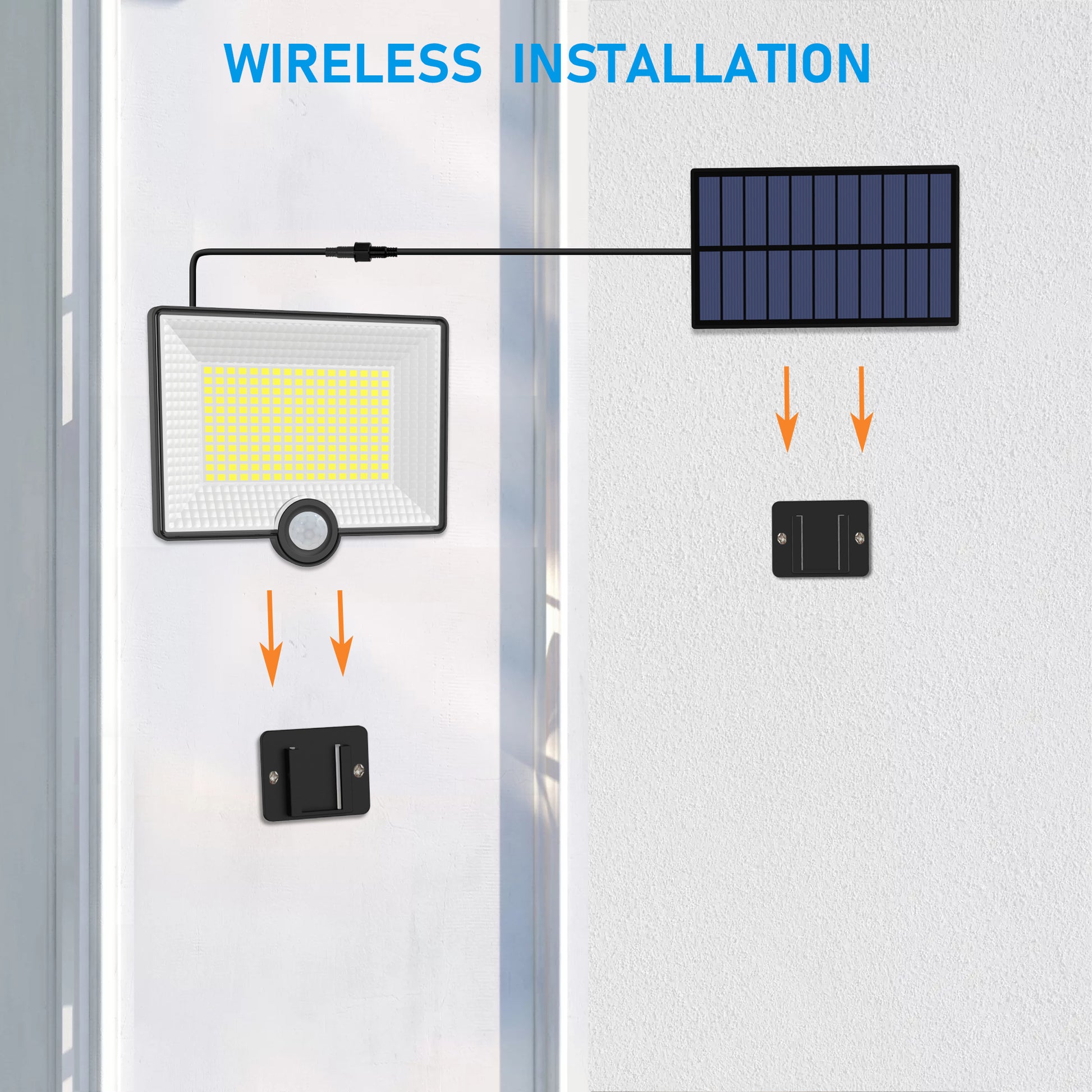 Proiector solar cu instalare wireless pe perete, suport fix separat pentru panou si pentru corpul de iluminat
