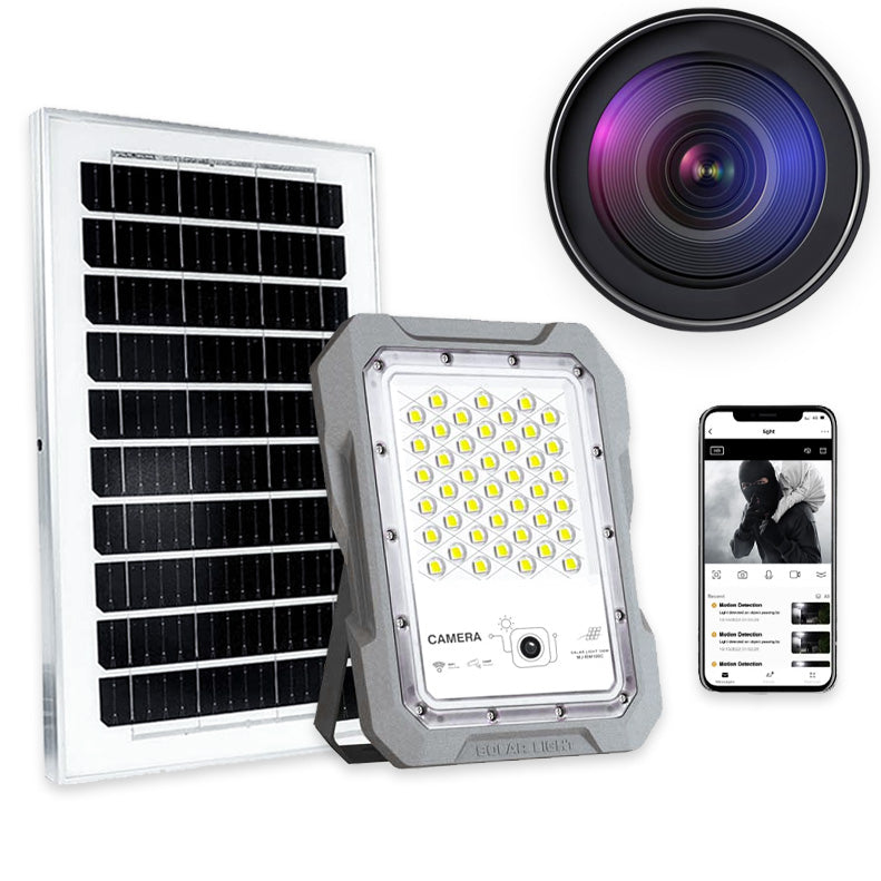 Proiector LED solar 100W cu camera supraveghere 1440P integrata, panou solar si control Wi-Fi prin aplicatie mobila
