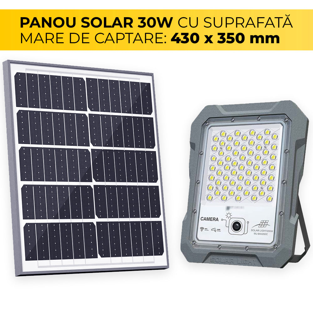 Proiector LED solar 200W cu panou solar 30W, suprafata de captare 430x350 mm