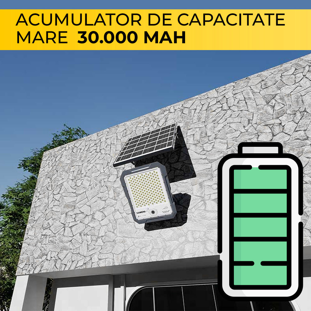 Proiector solar 200W montat pe perete exterior, acumulator 30.000 mAh pentru autonomie extinsa