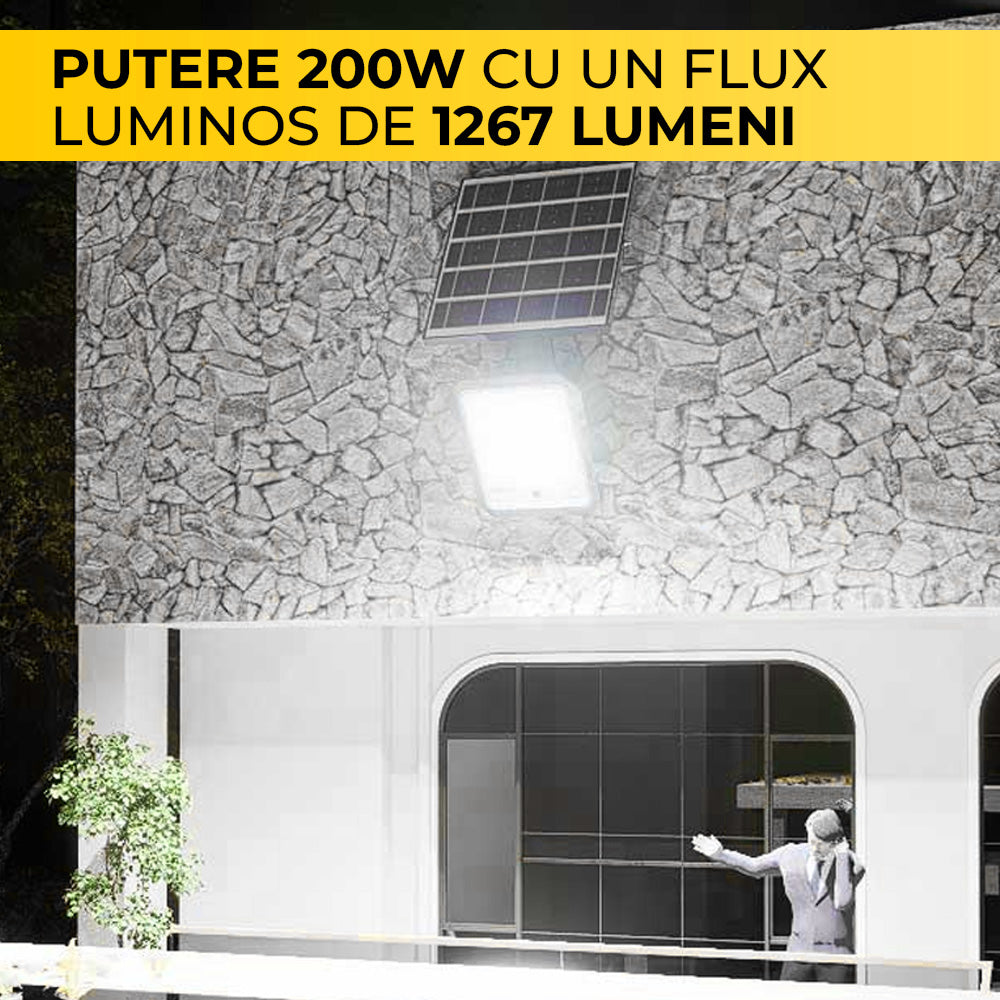 Proiector solar 200W, 1267 lumeni, montat pe perete exterior, iluminare puternica pe timp de noapte