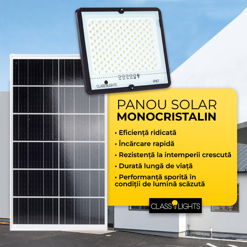 Proiector solar LED 100W cu panou monocristalin de inalta eficienta, pentru exterior