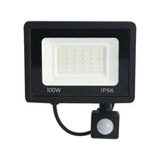 Proiector LED 100W cu senzor PIR si protectie IP66, carcasa neagra din aluminiu pentru exterior