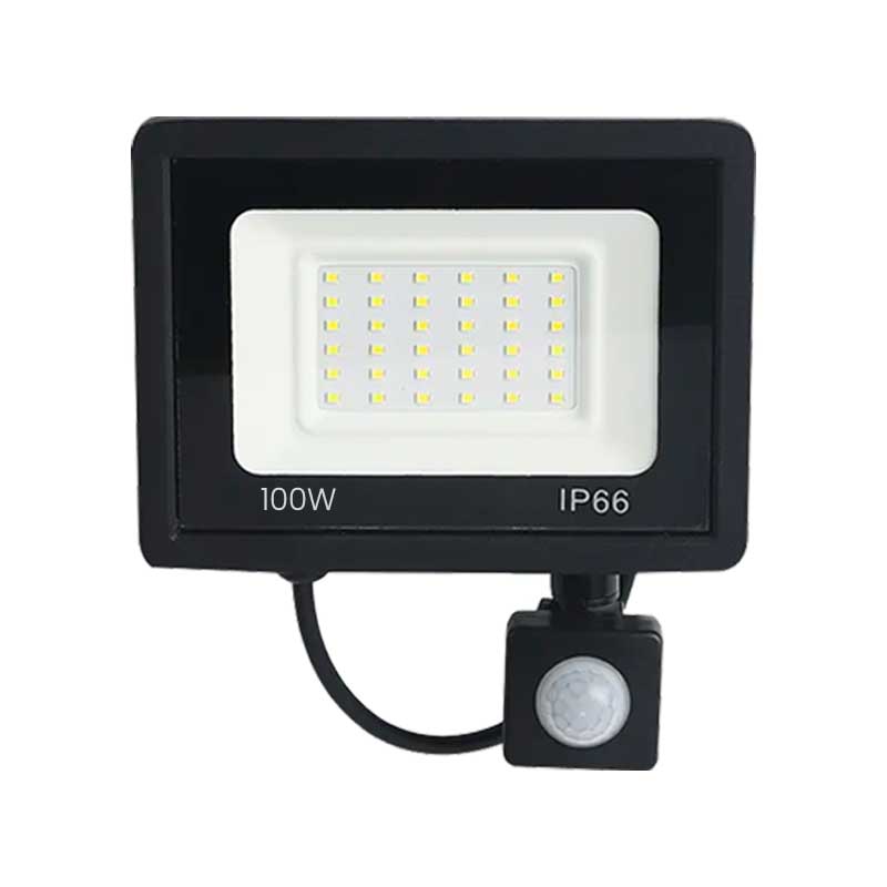 Proiector LED 100W cu senzor PIR si protectie IP66, carcasa neagra din aluminiu pentru exterior