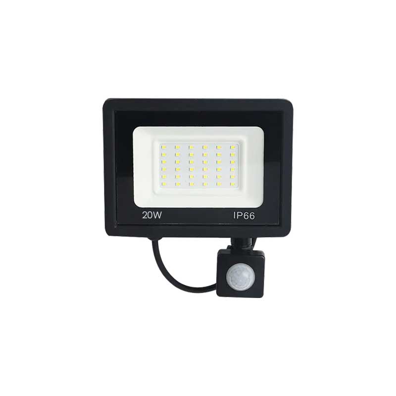 Proiector LED 20W IP66 cu senzor PIR de miscare, carcasa neagra din aluminiu, pentru exterior