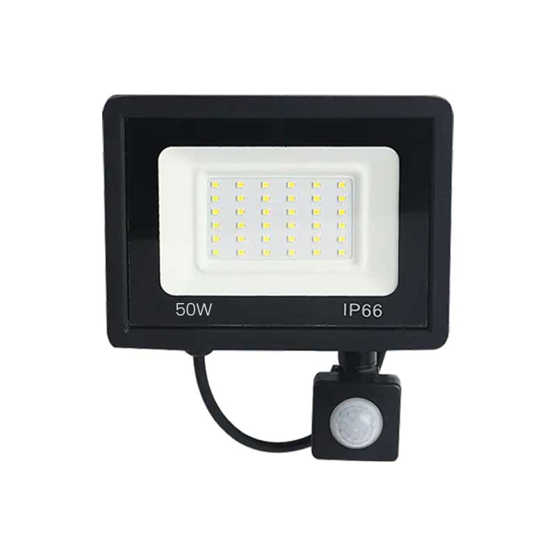 Proiector LED 50W cu senzor PIR, IP66, carcasa neagra din aluminiu, pentru iluminat exterior