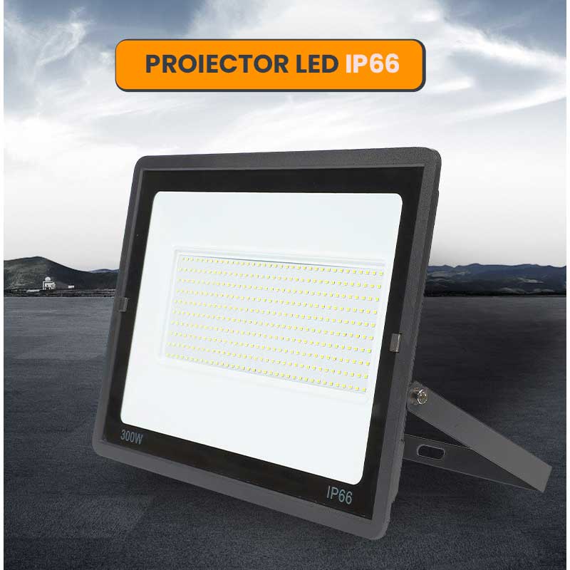 Proiector LED SMD 300W IP66 cu carcasa din aluminiu, suport reglabil, vedere frontala