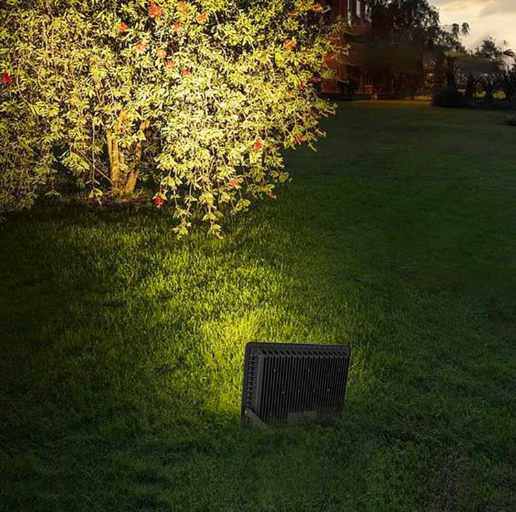 Proiector LED IP66 amplasat in gradina, iluminat decorativ arbust ornamental pe gazon