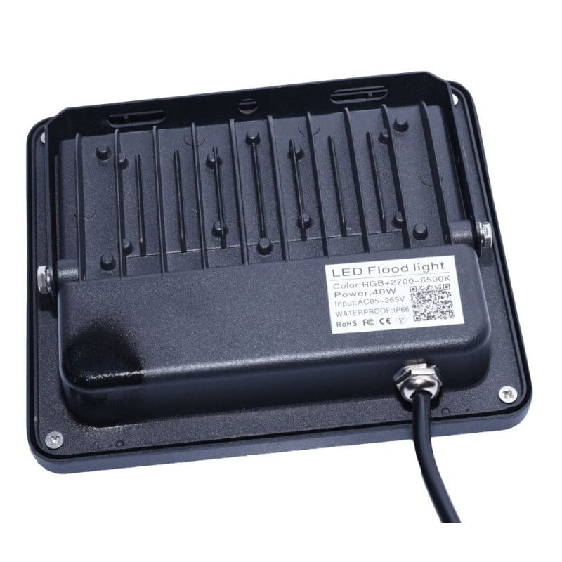 Spatele proiectorului LED 40W cu radiator termic si eticheta tehnica RGB 2700-6500K IP66