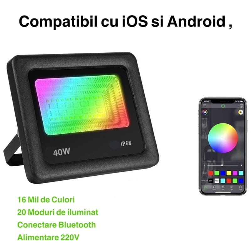 Proiector LED RGB 40W IP66 compatibil iOS si Android, 16 milioane de culori, conectare Bluetooth