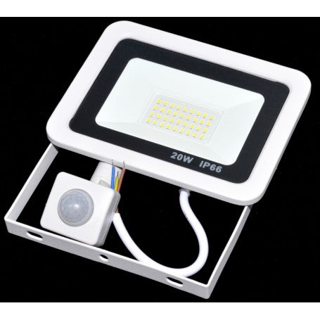 Proiector LED 20W cu senzor de miscare si suport metalic alb, vedere din fata