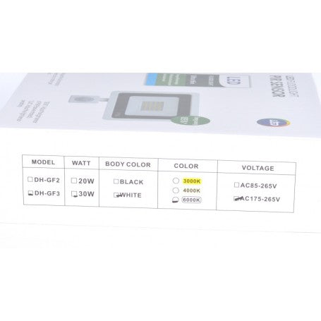 Eticheta tehnica proiector LED 30W, temperatura culoare 3000K, tensiune 175-265V
