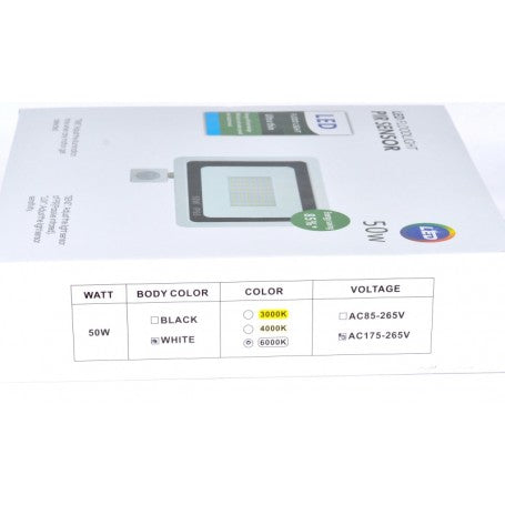 Eticheta proiector LED 50W alb, temperatura culoare 3000K-6000K, tensiune 175-265V