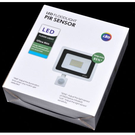 Cutie ambalaj proiector LED slim 50W cu senzor PIR, IP66, ultra-thin, economie 85%