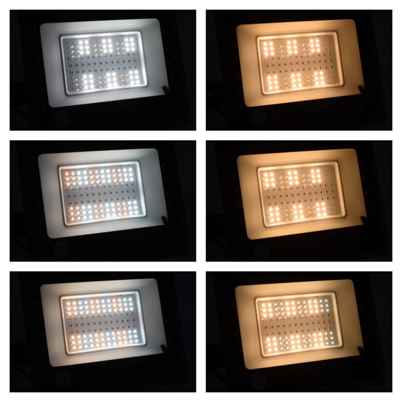 Proiector LED 100W in functiune, 6 temperaturi de alb diferite de la rece la cald