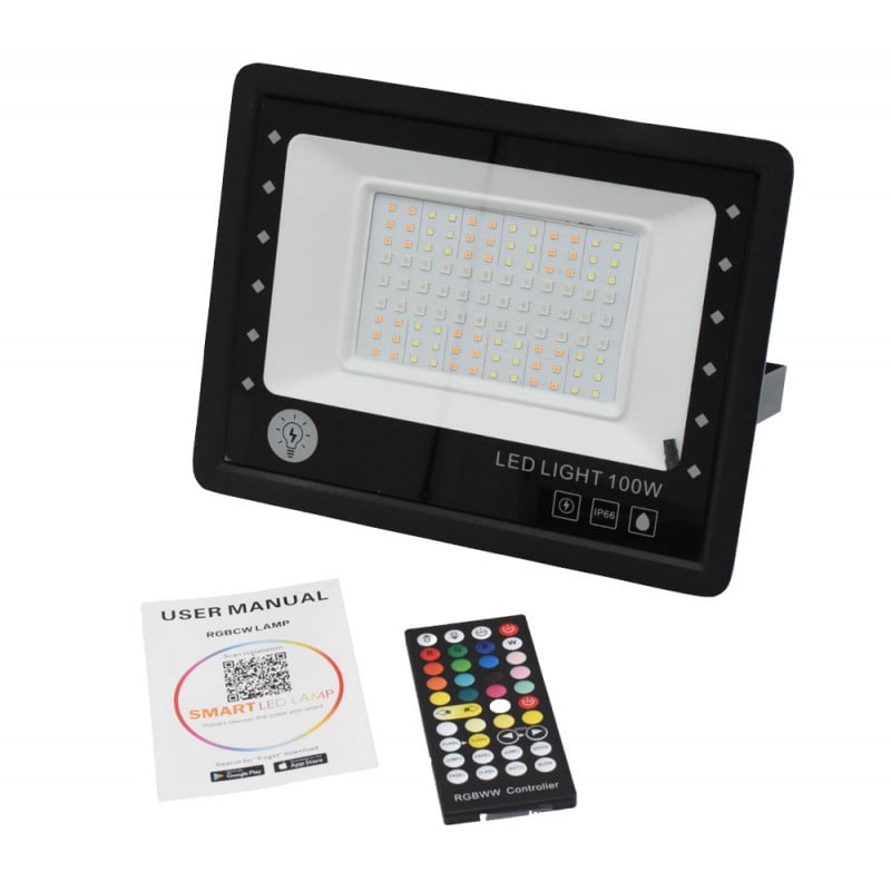 Proiector LED RGBCW 100W cu telecomanda, manual utilizare si cod QR aplicatie mobila