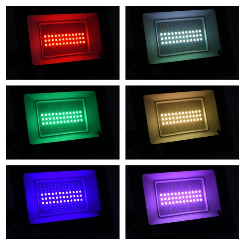 Proiector LED RGBCW 100W afisand 6 culori RGB diferite: rosu, alb, verde, galben, albastru, mov