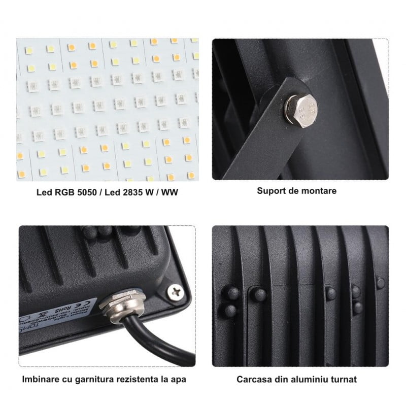 Detalii constructie proiector LED 100W: chip-uri RGB 5050, suport montare, garnitura IP66, carcasa aluminiu