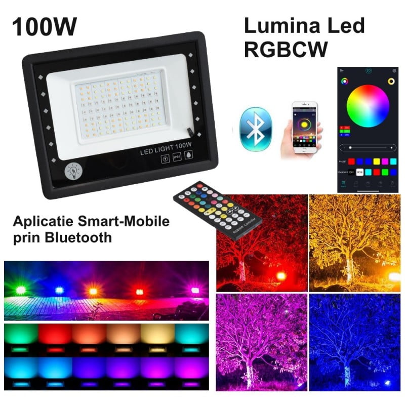 Proiector LED RGBCW 100W cu control Bluetooth, exemple iluminat decorativ exterior in culori multiple