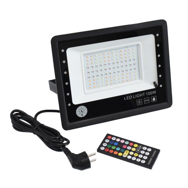 Proiector LED RGBCW 100W IP66 cu telecomanda 44 butoane si cablu Schuko, control Bluetooth