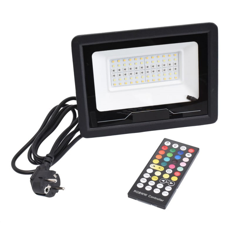 Proiector LED multicolor 60W cu cablu Schuko si telecomanda RGBWW, gata de utilizare