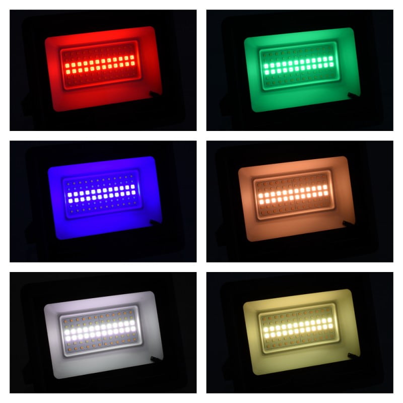 Proiector LED RGBCW afisand 6 culori diferite: rosu, verde, albastru, portocaliu, alb, galben