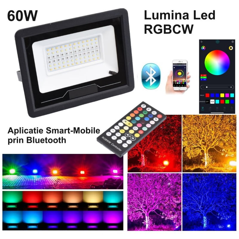 Proiector smart RGBCW 60W cu control Bluetooth si telecomanda, exemple iluminat colorat exterior