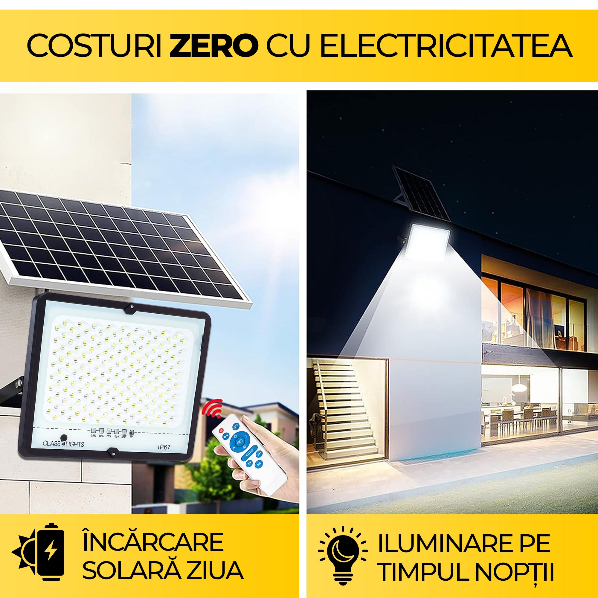 Proiector solar LED montat pe fatada, incarcare ziua si iluminare exterioara puternica noaptea, IP67