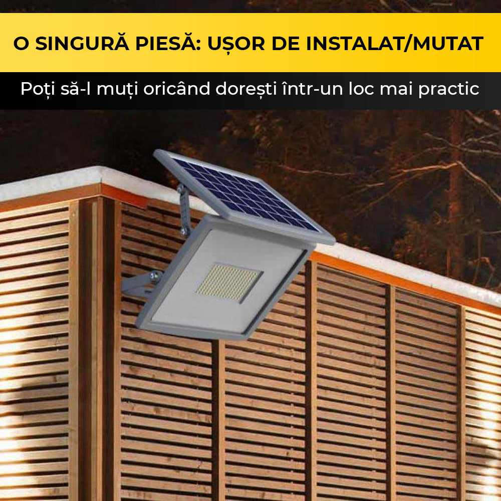 Proiector solar LED montat pe perete de lemn exterior, usor de instalat si relocat
