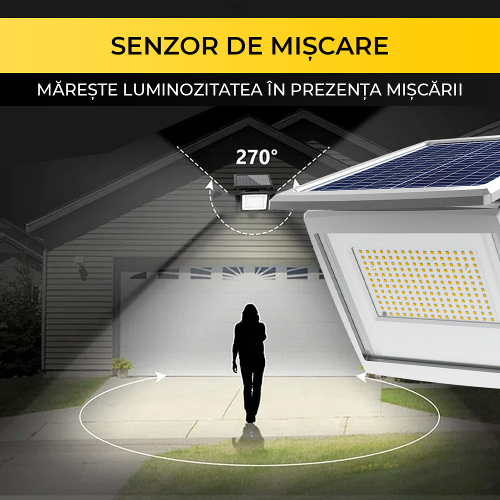 Proiector solar LED cu senzor de miscare 270 grade, activare automata la detectarea persoanelor