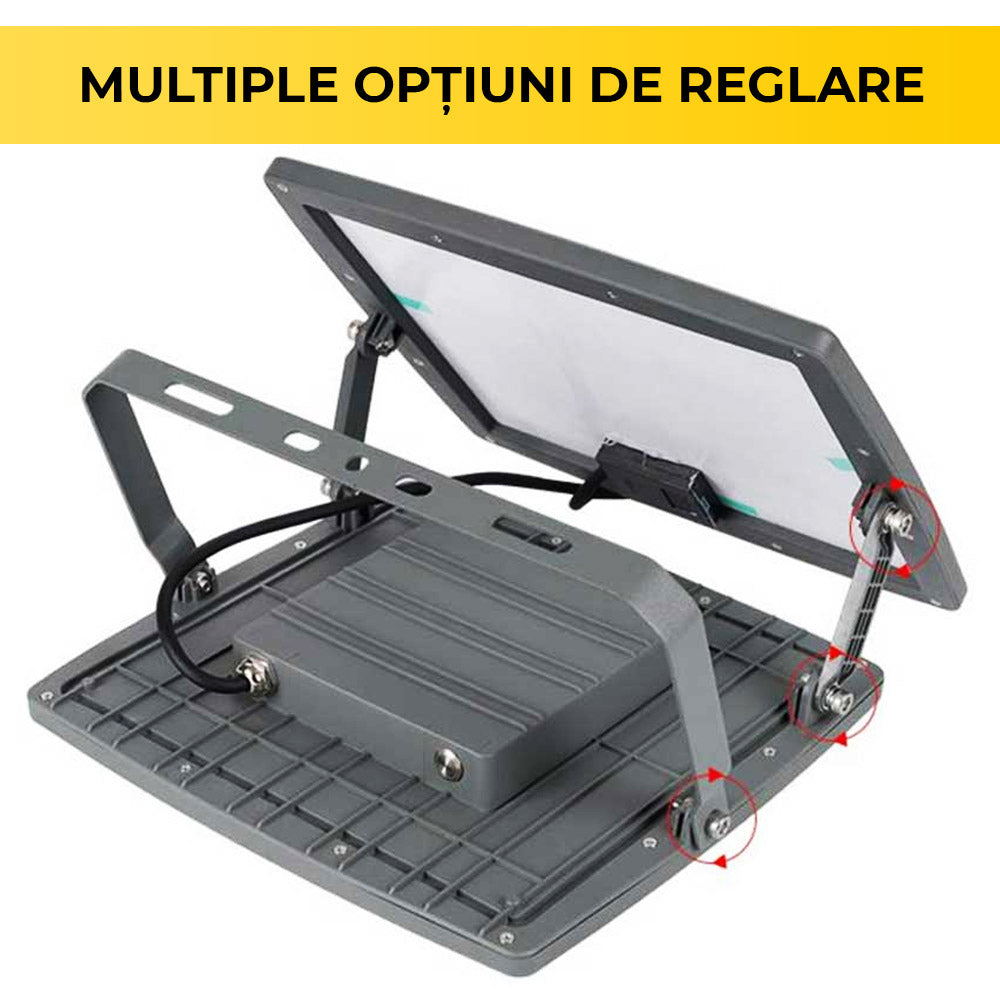 Proiector solar LED cu panou reglabil, detaliu mecanism articulat si optiuni de orientare