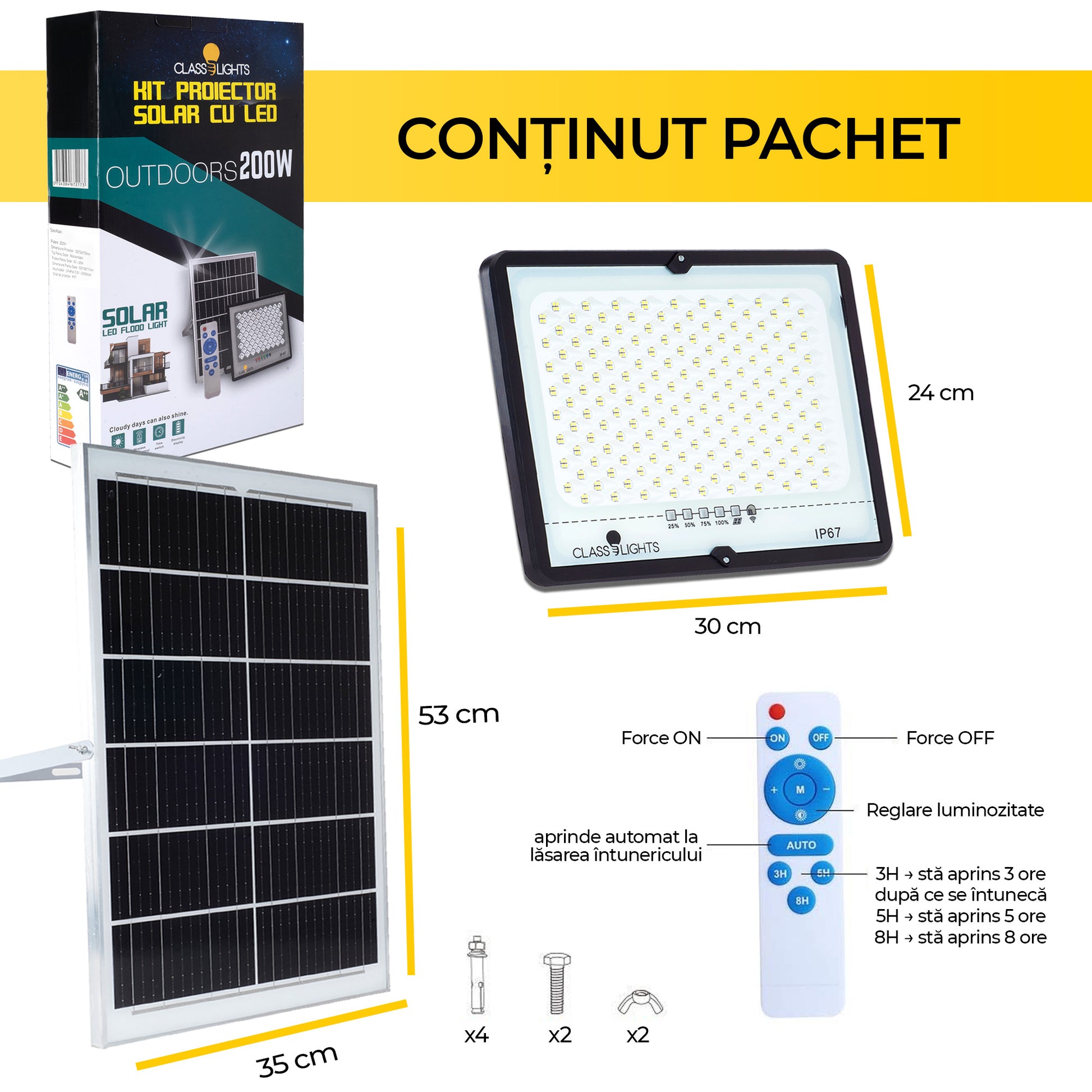Continut pachet proiector solar LED 200W: proiector 30x24cm, panou 53x35cm, telecomanda si accesorii montaj