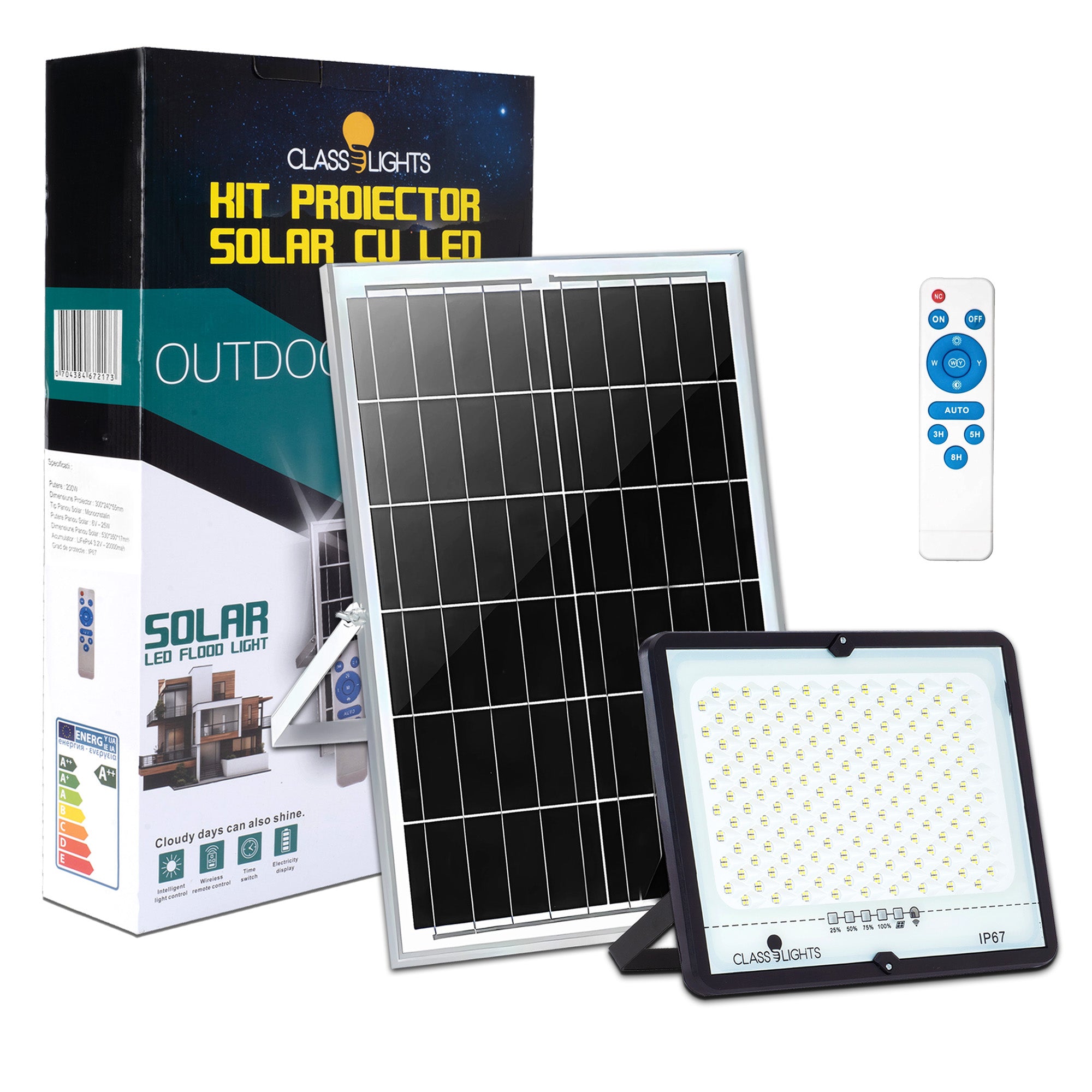 Proiector solar LED 200W IP67 cu panou monocristalin, telecomanda si acumulator LiFePO4, kit complet exterior
