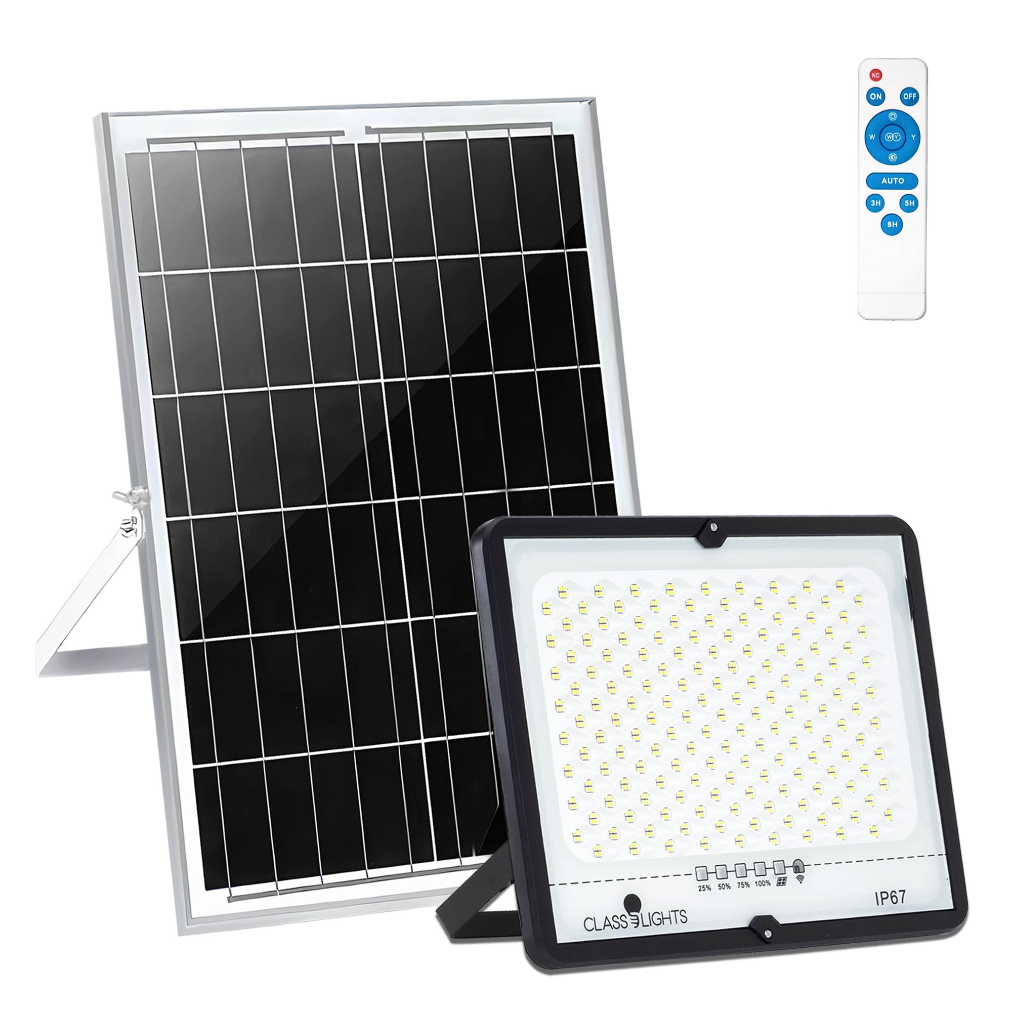 Kit proiector solar LED 200W IP67 cu panou monocristalin mare si telecomanda, vedere de ansamblu pe fond alb
