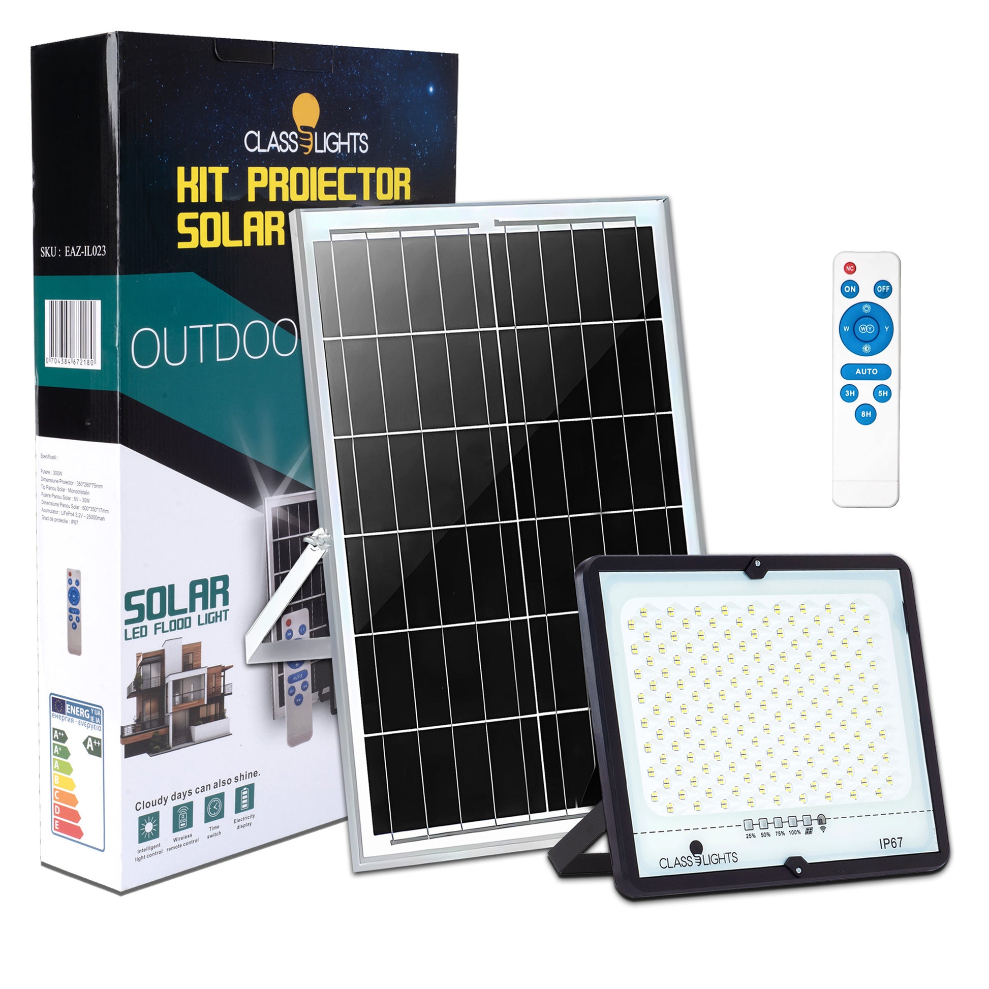 Proiector solar LED 300W IP67 cu panou solar monocristalin, telecomanda si acumulator LiFePO4, kit complet outdoor