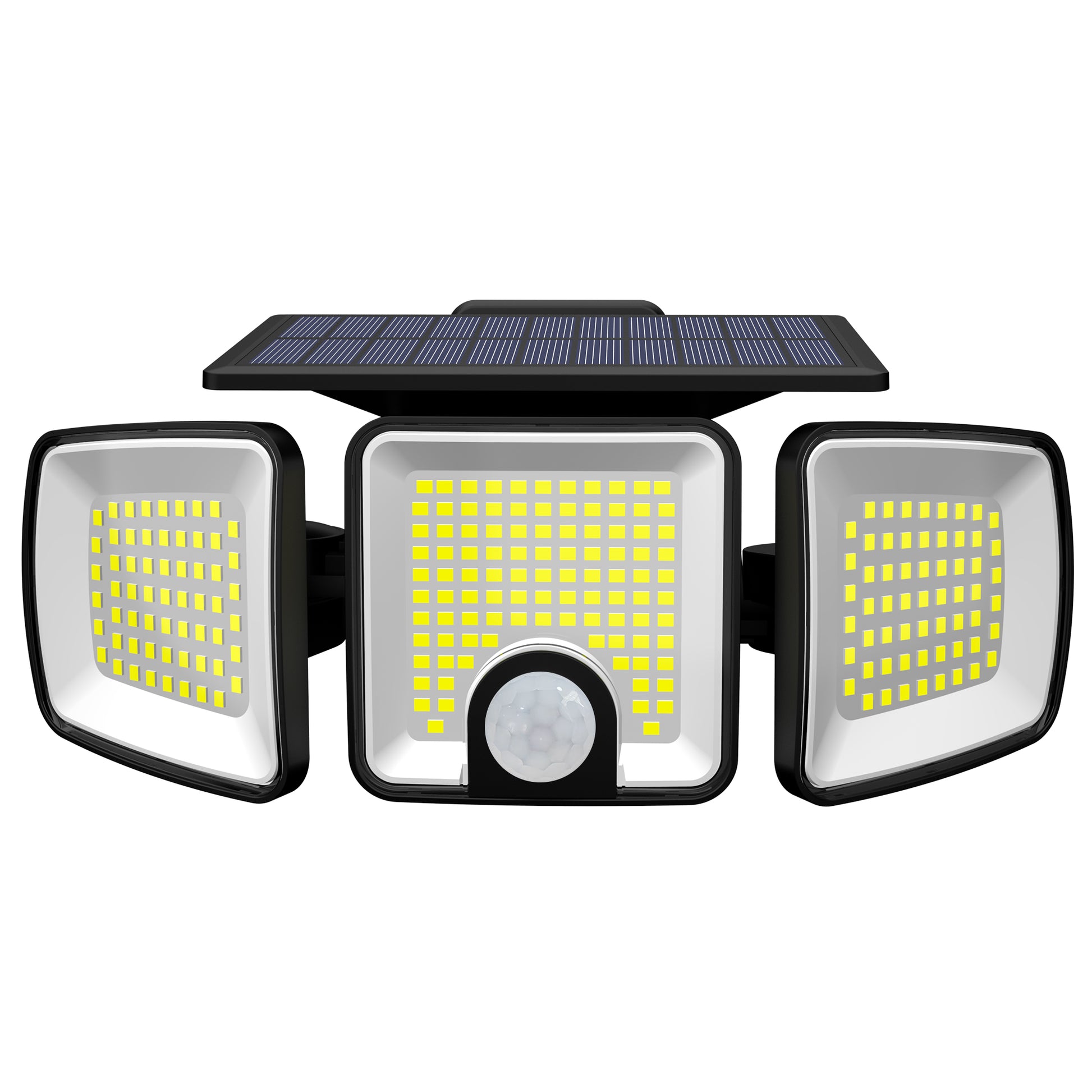 Proiector solar LED 45W cu 3 capete reglabile si senzor miscare PIR, 223 LED-uri, montat pe perete exterior